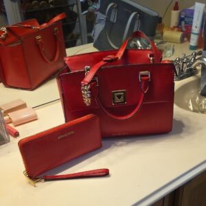Michael Kors Red Leather Satchel with Matching Wallet